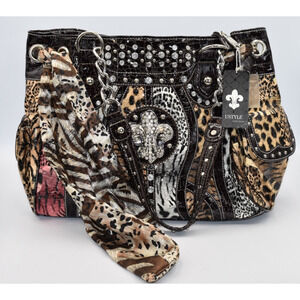 USTYLE Animal Print Western Handbag Rhinestones & Studs Dual Handles